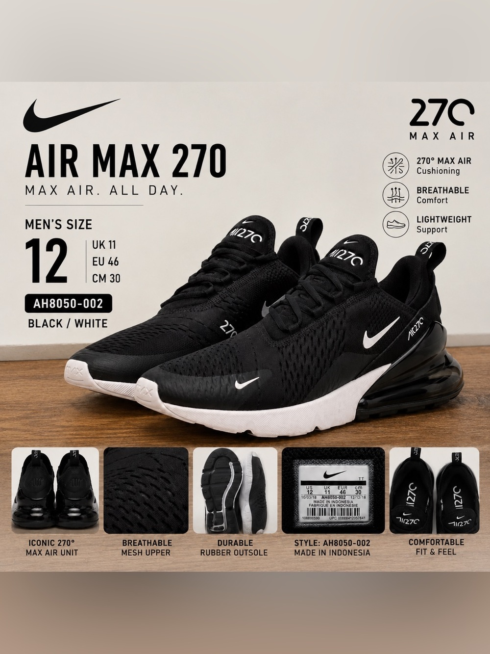 Nike Air Max 270 Black White Running Shoes Sneakers Men’s Size 12 AH8050-002